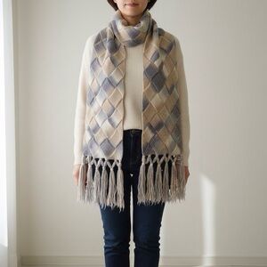 Soft Handmade Entrelac Knit Scarf Neutral Beige BlueGray Long Tassel Fringe Gift
